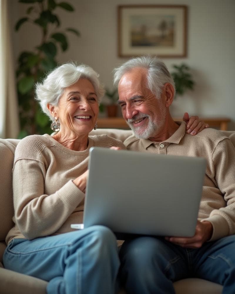 Ouders bekijken samen lachend de wensenpagina op laptop