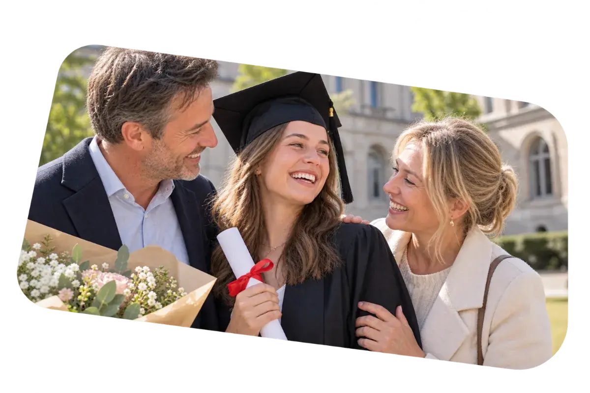 Een afgestudeerde met haar ouders
