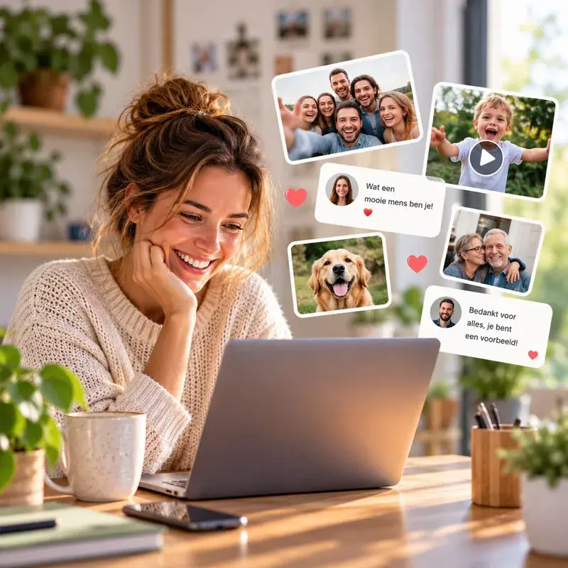 Vrouw bekijkt wensen, foto's en video's op haar laptop