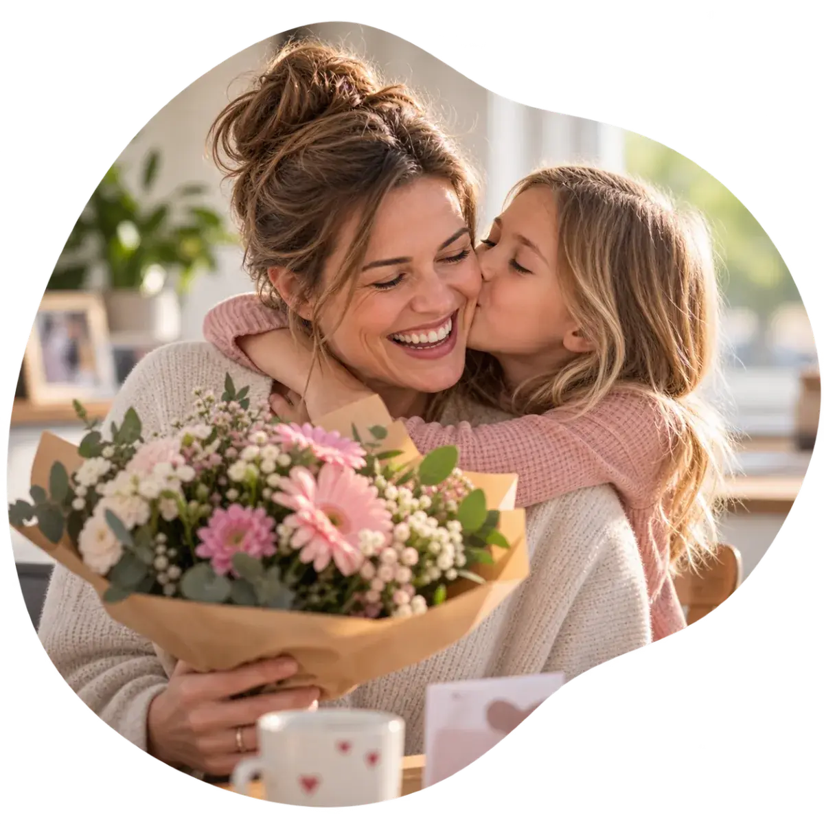 Een dochter geeft haar mama bloemen en een kus
