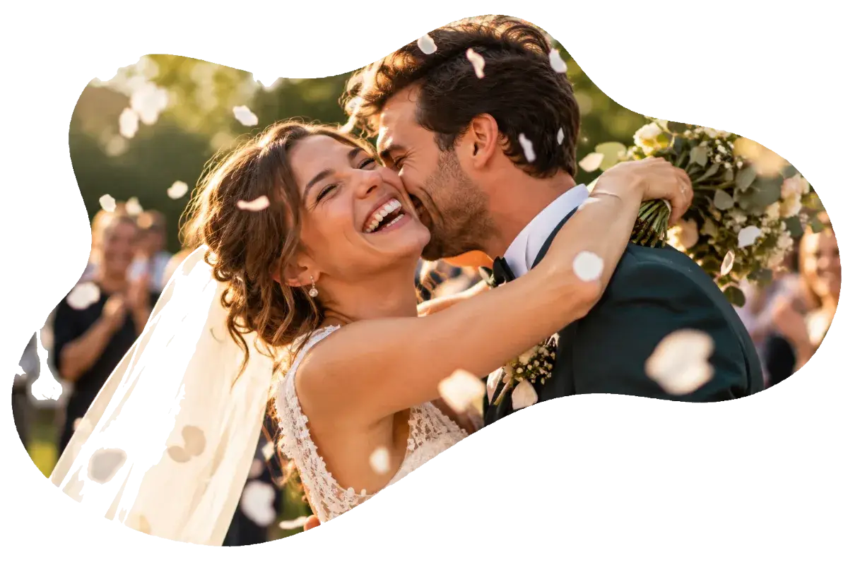 Een pasgetrouwd koppel tussen de confetti